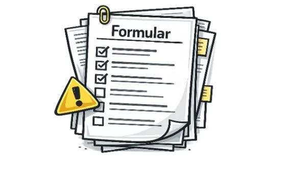 Ein Stapel aus Formularen. Daneben ein Ausrufezeichen.