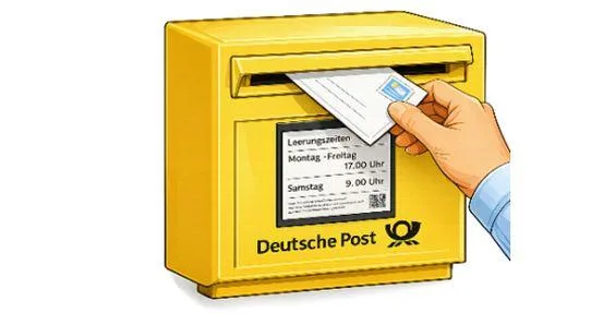 Eine Hand wirft einen Brief in einen Briefkasten der Deutschen Post.