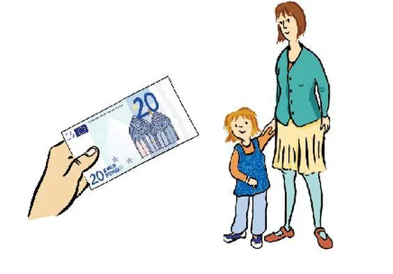 Eine Mutter mit einem kleinen Kind, daneben eine Hand mit Geldscheinen.