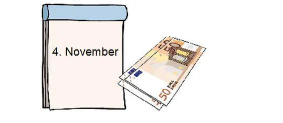 Ein Kalenderblatt, auf dem "4. November" steht, daneben 50-Euro-Scheine.
