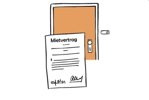 Eine Wohnungstüre, davor ein Blatt auf dem "Mietvertrag" steht.