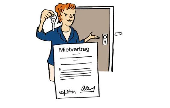 Eine Frau steht mit einem Schlüssel vor einer Wohnungstür. Davor ein Mietvertrag.