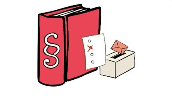 Eine Wahl-Urne und ein Wahlzettel, daneben ein Gesetzbuch.