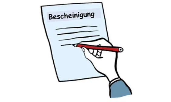 Eine Hand schreibt auf ein Blatt Papier, darauf steht "Bescheinigung".