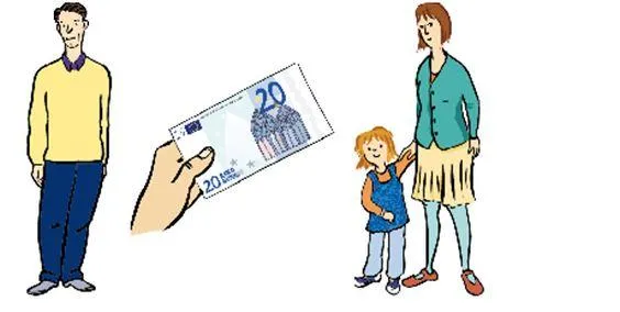 Ein Mann und eine Frau, die ein Kind an der hand hält. Dazwischen eine Hand mit einem Geldschein.