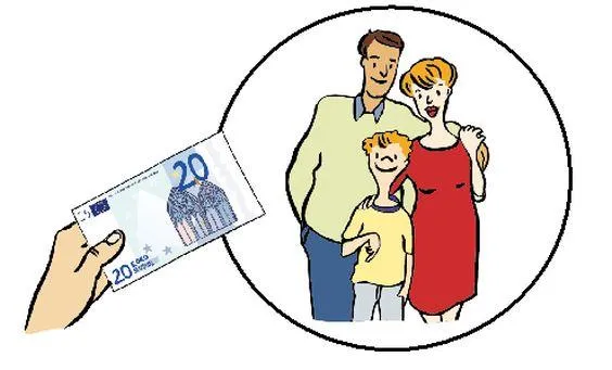 Eine Frau, ein Mann und ein Kind, daneben eine Hand mit einem Geldschein.