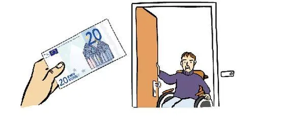 Ein Mann im Rollstuhl öffnet eine Wohnungstür. Daneben eine Hand mit einem Geldschein.