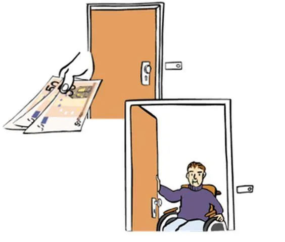 Eine Wohnungstür, daneben eine Hand mit Geldascheinen.Daneben ein Mann im Rollstuhl öffnet eine Wohnungstür.
