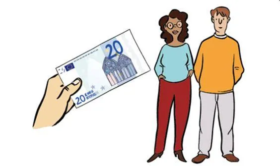 Eine Frau und ein Mann, daneben eine Hand mit einem Geldschein.