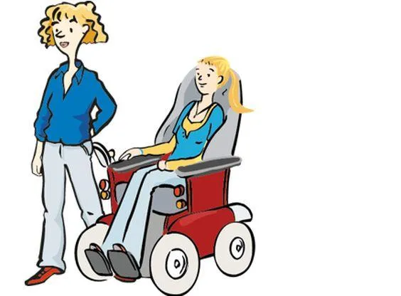Eine Frau, daneben ein Mädchen in einem E-Rollstuhl.