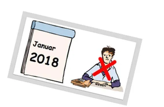 Eine Frau sitzt am Schreibtisch, darüber ein rotes X. Daneben hängt ein Kalender auf dem Januar 2018 steht.