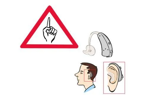 Ein Achtung-Schild, daneben ein Mann mit einem Hörgerät.