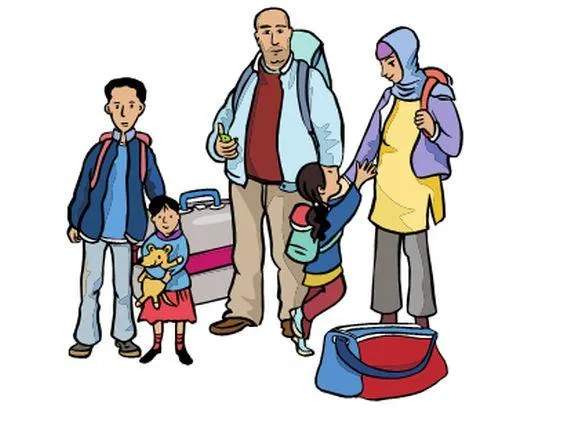 Eine ausländische Familie mit Koffern und Reisegepäck.