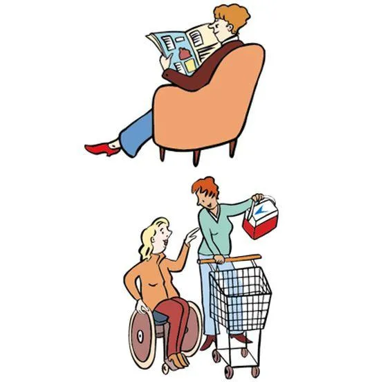 Eine Frau liest in der zeitung. Darunter eine Frau, die einer Frau im Rollstuhl beim Einkaufen hilft.