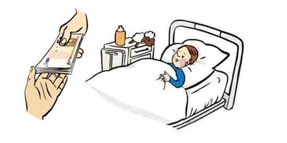 Ein Kind liegt in einem Kranken-Bett. Daneben zwei hände, die Geldscheine festhalten.