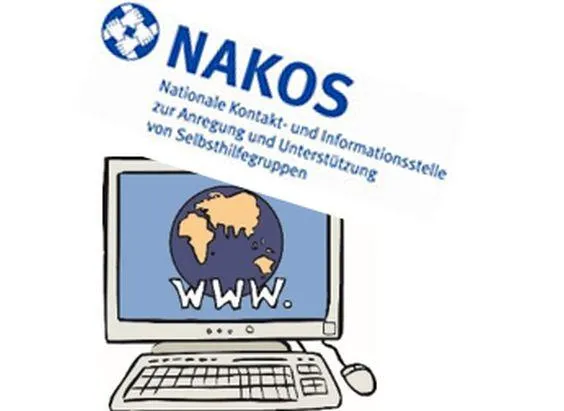Ein Computer mit Bildschirm, darüber das Logo der NAKOS.
