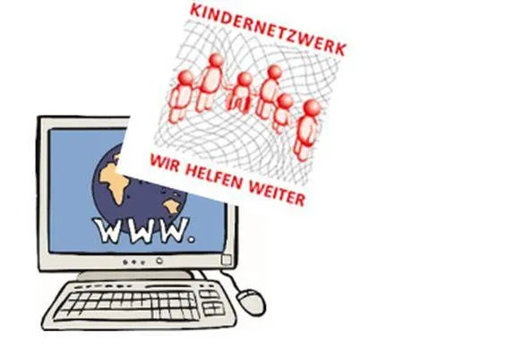 Ein Computer mit Bildschirm, darüber das Logo vom Kindernetzwerk.