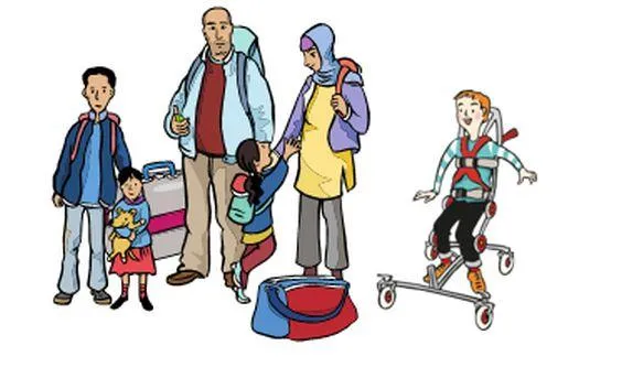 Eine ausländische Familie mit Koffern und Reisegepäck. Daneben ein Junge im Rollstuhl.
