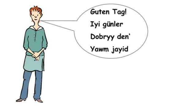 Eine Frau, daneben eine Sprechblase in der "Guten Tag" in verschiedenen Sprachen steht.