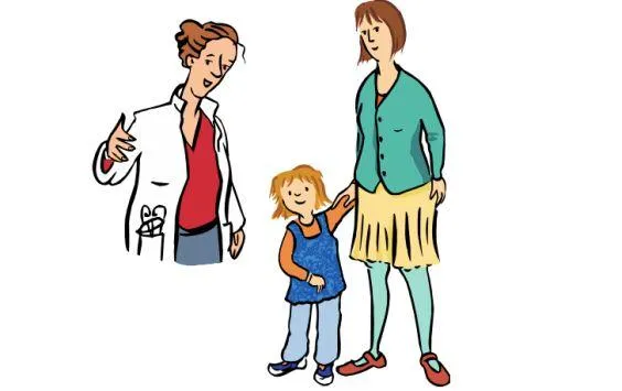 Eine Ärztin und eine Mutter mit Kind.