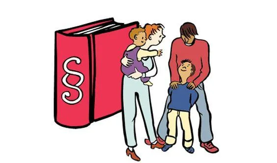 Eine Familie mit Kindern, daneben ein Gesetzbuch.