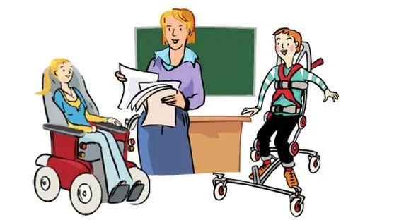 Eine Lehrerin und zwei Kinder mit Behinderung.