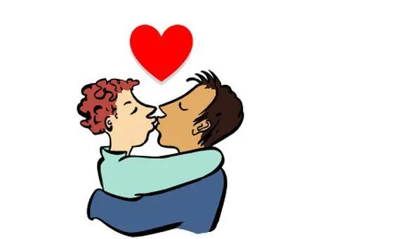 Ein Mädchen und ein Junge umarmen und küssen sich. Darüber ist ein rotes Herz.