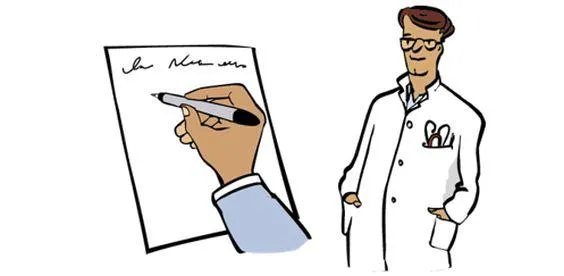Eine Hand schreibt auf ein Blatt Papier, daneben ein Arzt.
