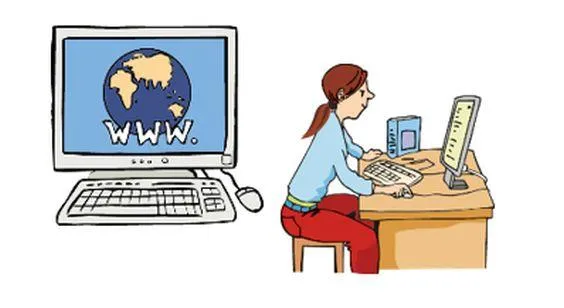 Ein Computer mit Internet. Daneben eine junge Frau, die etaws am Computer schreibt.