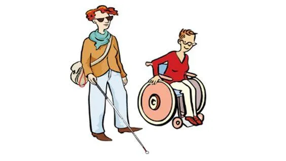 Eine blinde Frau mit einem Blindenstock, daneben eine Frau im Rollstuhl.