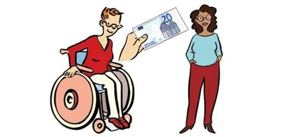 Zwei Frauen, eine von beiden sitzt in einem Rollstuhl. Dazwischen eine Hand mit einem Geldschein.
