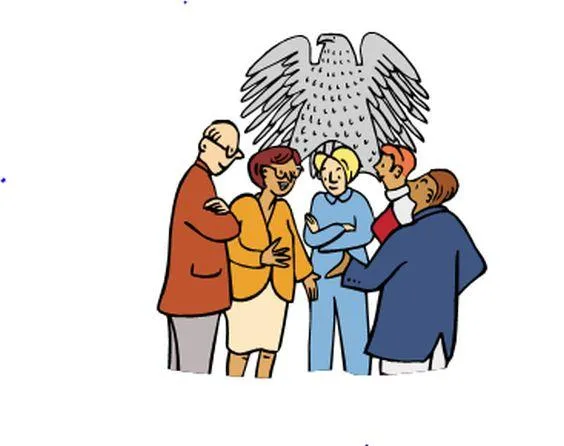 Fünf Personen reden miteinander. Im Hintergrund der Bundesadler.