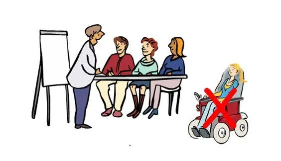 Vier Personen sind beim Unterricht. Daneben sitzt eine Frau im Rollstuhl, ein rotes Kreuz ist breit darüber gemalt.
