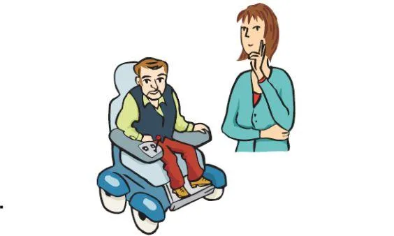 Ein Mann in einem E-Rollstuhl, daneben eine Frau, die sich fragend die Hand ins Gesicht hält.