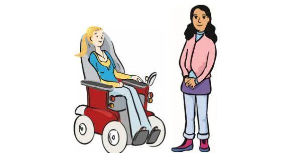 Zwei Mädchen. Eines der beiden sitzt im Rollstuhl.
