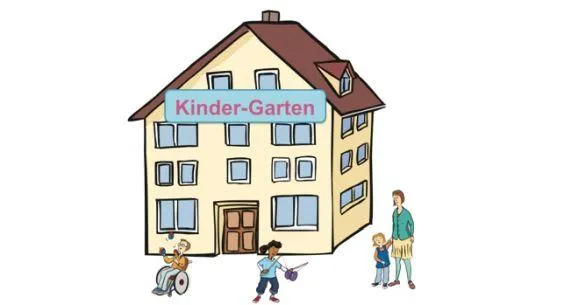 Ein Haus auf dem Kindergarten steht. Davor spielen Kinder.