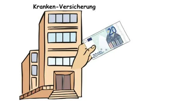 Ein Haus, über dem Kranken-versicherung steht. Daneben eine Hand mit einem Geldschein.