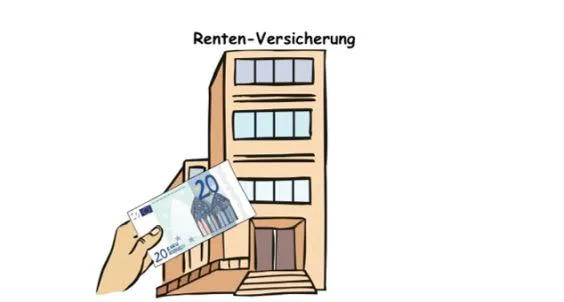 Ein Gebäude mit der Aufschrift Renten-Versicherung, daneben eine Hand mit einem Geldschein.