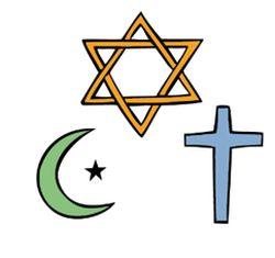 Ein David-Stern, ein islamischer Halbmond und ein Kreuz als Symbole für Judentum, Islam und Christentum.