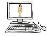 Ein Computer mit Bildschirm. Auf dem Bildschirm ist eine nackte Frau zu sehen.